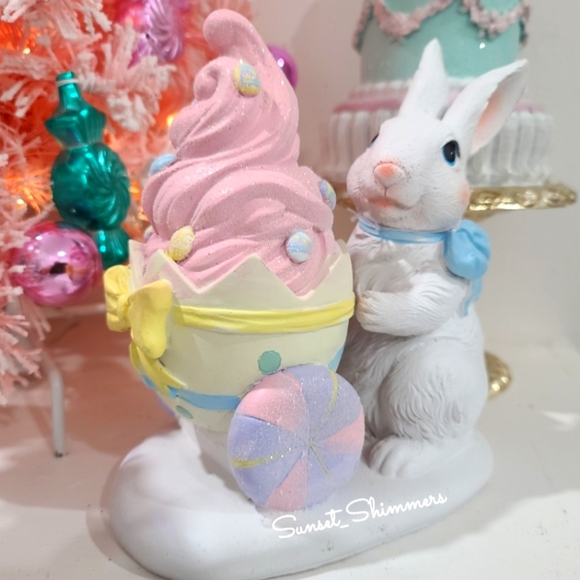 Easter Bunny Rabbit w/ Coquette Bow Pushing Ice Cream Egg Cart Figure Decor NEW - Picture 1 of 8
